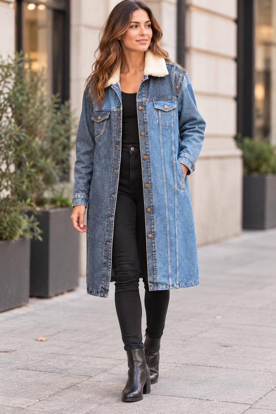 Desigual Patchwork Denim Sherpa Collar Long Jean Jacket Coat Womens L Blue